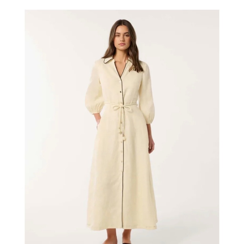 Forever New Tabitha Contrast 100% Linen Midi Dress Size S Cream DR18480